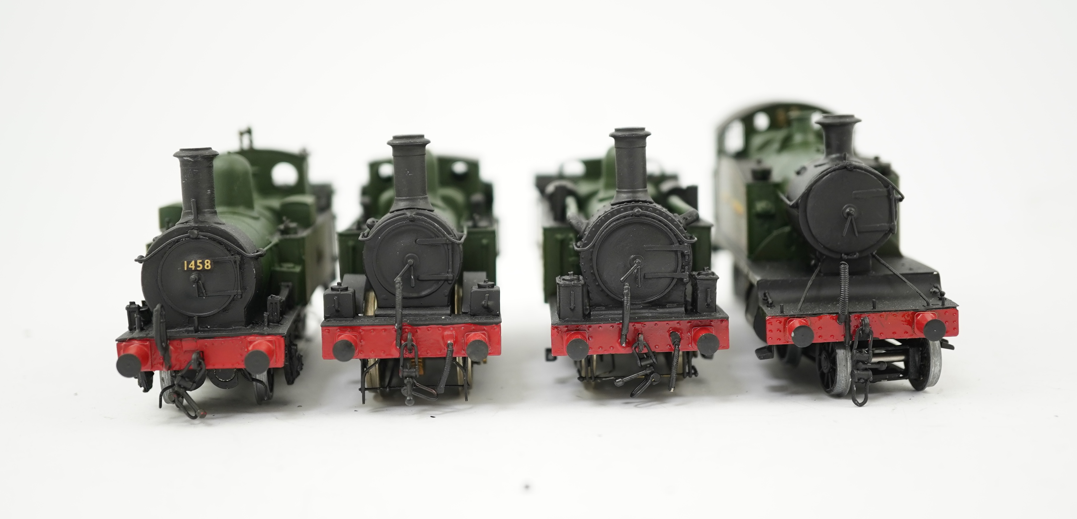 Four 00 gauge kit built GWR tank locomotives, three brass and white metal; a 14xx class 2-4-0T, 1458, together with an 517 class 0-4-2T, 574, and a 633 class 0-4-2T, 633, plus a plastic/resin and metal 46xx class 4-4-2T,